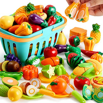 Play food toys for toddlers kitchen, fake food includes plastic fruit &vegetables, storage basket, mini dishes and knife toddler gifts