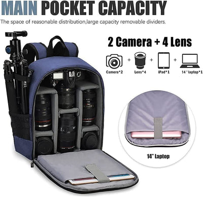 Sac à dos pour appareil photo étanche, sac à dos professionnel pour appareil photo reflex numérique/reflex sans miroir, compatible avec appareil photo Sony Canon Nikon et accessoires pour trépied d'objectif