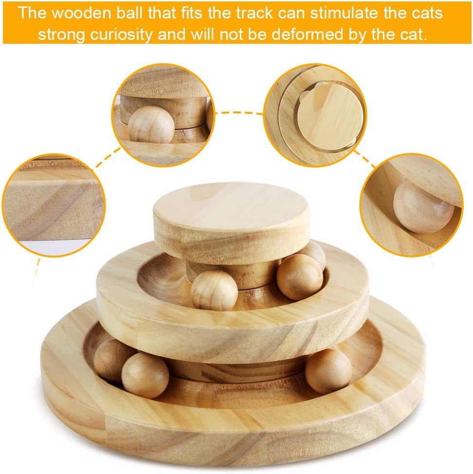 Interactive wooden cat toy double layer rotating smart track ball rocking roller gifts turntable for cats