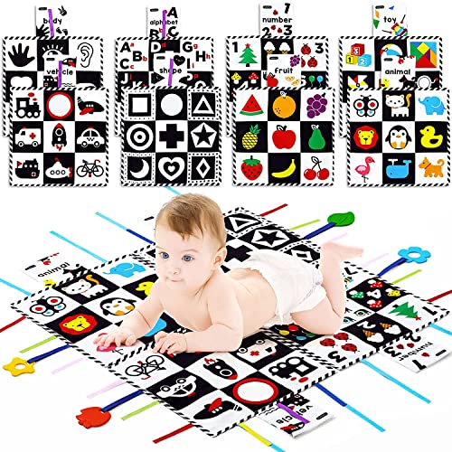 Baby Mat High Contrast Black And White Vision Training Mat Baby Toy With Mirror And Teething Ring Stroller Toy For Car Seat