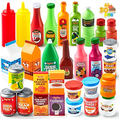 30 Piece Kids Plastic Play Food Toy Grocery Cans, Pretend Play Kitchen Accessories, Fake Food Kids Gifts & Indoor Toys