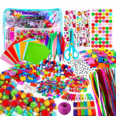 1800+PCS kit de bricolage, kit de bricolage pour enfants, matériel de bricolage avec cure-pipes, pompons, papier, pierres précieuses, yeux googly, plumes, perles, plume.