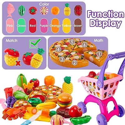 31 Piece Shopping Cart Kitchen Toy for Kids Cutting Fruit Vegetable Food Toy Shop Accessories Role Playing