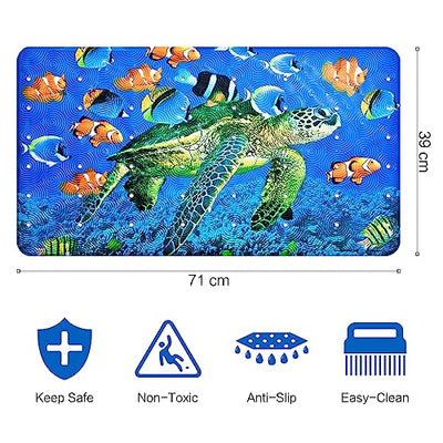 non-slip bath mat for children, PVC bath mat shower mat with powerful suction cups massage function baby bath mat  (sea turtle)