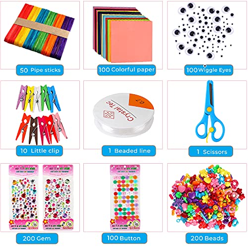 1800+PCS kit de bricolage, kit de bricolage pour enfants, matériel de bricolage avec cure-pipes, pompons, papier, pierres précieuses, yeux googly, plumes, perles, plume.