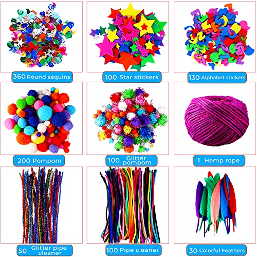 1800+PCS kit de bricolage, kit de bricolage pour enfants, matériel de bricolage avec cure-pipes, pompons, papier, pierres précieuses, yeux googly, plumes, perles, plume.