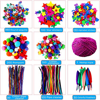 1800+PCS kit de bricolage, kit de bricolage pour enfants, matériel de bricolage avec cure-pipes, pompons, papier, pierres précieuses, yeux googly, plumes, perles, plume.