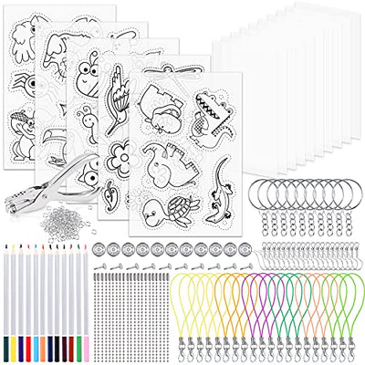 Shrink Film Set 218Pcs DIY Craft Set with A4 Translucent Shrink Film Plates A5 Coloring Shrink Film Plates Crayons Key Ring Hole Punch for DIY