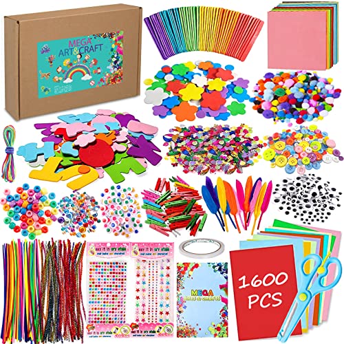 Craft kit kids 1600+Pcs art and DIY crafts for kids, craft supplies scrapbooking craft kit glitter pompoms,feathers,buttons,sequins,pipe cleaners,beads