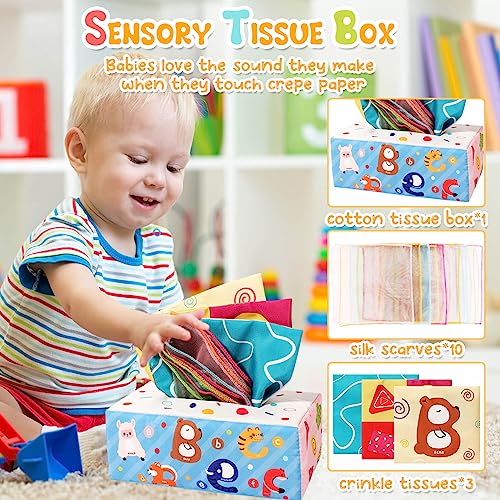 4 in 1 baby toys 6 months - 3 years, stacking tower, UFO silicone pull cord toy, tissue box, sensory toy baby