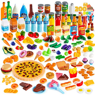 200 Pieces Kids Play Food Deluxe Pretend Play Food Set Toy Food Play Kitchen Accessories