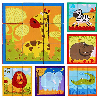 Puzzle en bois avec gros cubes pour les tout-petits - 9 cubes avec 6 animaux sauvages dans un coffre en bois