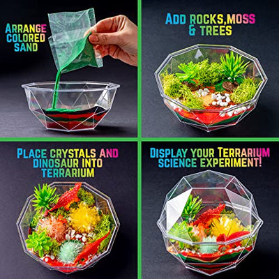 Grow Your Own Crystal Dinosaur Terrarium Kit, Komplett-Set für die Kristallzucht mit 2 Dinosaurierfiguren und Samen für die Zucht von 3 Kristallen für Kinder