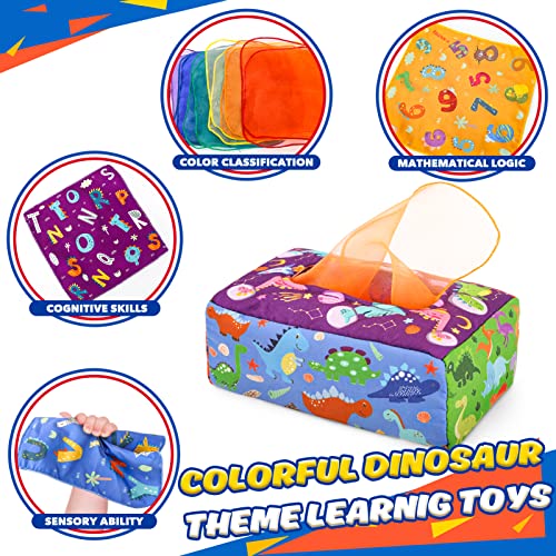 Sensory Toy Baby Dinosaur Tissue Box Toy, Includes Coloured Cloth Sensory Cloth Baby Toy