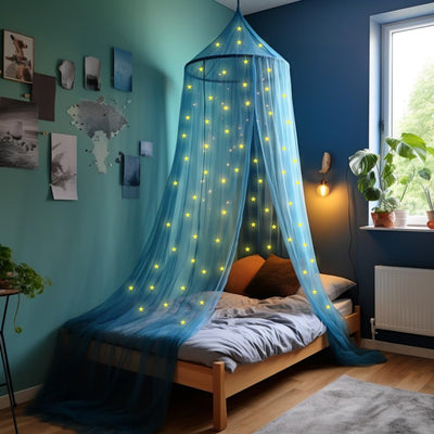 Blue bed canopy with pre-pasted glowing stars - princess mosquito net for girls room decoration blue - canopy bed curtains for kids and baby bed