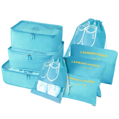 Suitcase Organiser, 8–in–1 Set Luggage Organiser, Waterproof Travel Garment Bags Includes 2 Shoe Bags, 3 Packing Cubes and 3 Storage Bags, for Clothes, Shoes, Cosmetics, Light Blue