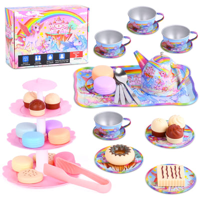 Tea set for little ones, unicorn castle pretend play tin teapot set, kids party set toy with teapot dishes & dessert