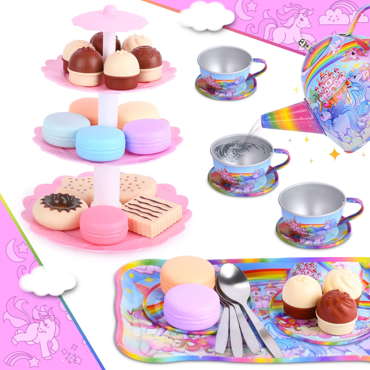 Tea set for little ones, unicorn castle pretend play tin teapot set, kids party set toy with teapot dishes & dessert