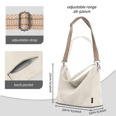 cord Tasche Umhängetasche mit Reißverschluss, Groß Shopper Tasche Tote Bag Handtasche