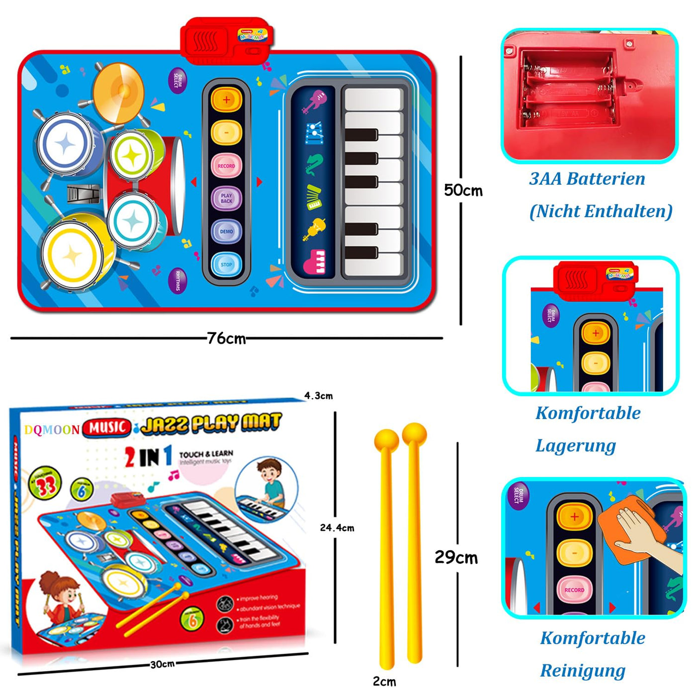 Baby toy, 2 in 1 music mat with 2 drumsticks, children's toy piano mat dance mat