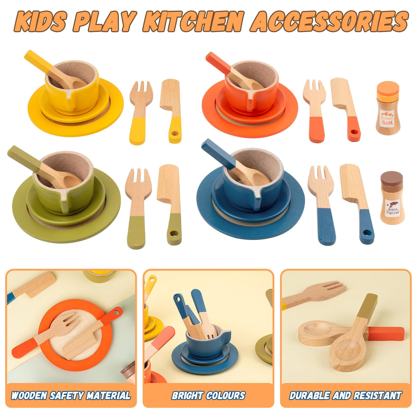 Set de vaisselle en bois pour cuisines d'enfants Accessoires de cuisine ludique Accessoires de cuisine pour enfants