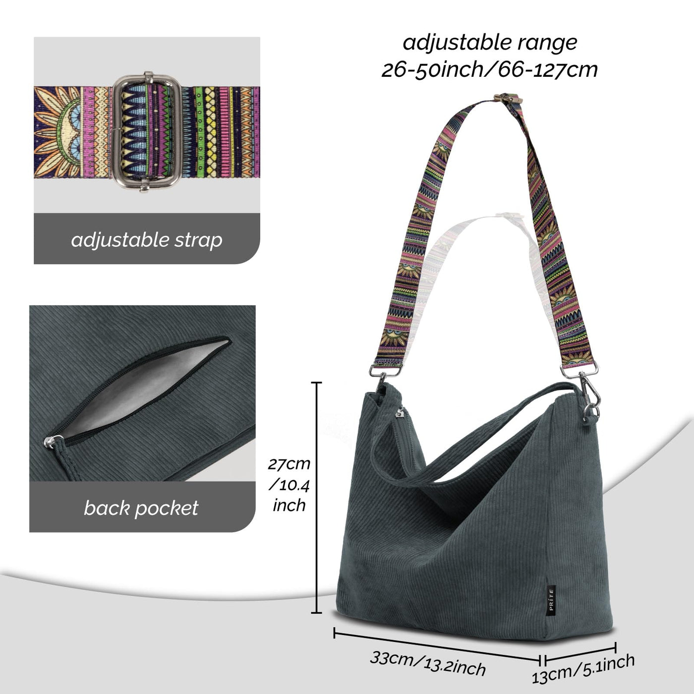 cord Tasche Umhängetasche mit Reißverschluss, Groß Shopper Tasche Tote Bag Handtasche