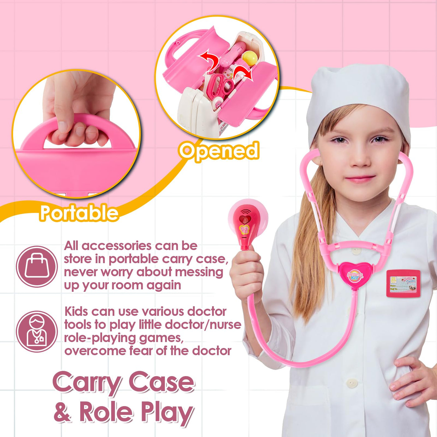 Doctor's case children's toy, doctor's case play set with stethoscope, syringe