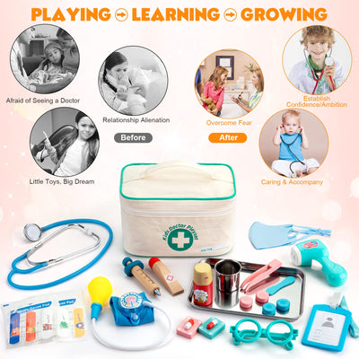 Children's wooden doctor's case, doctor toy with real stethoscope thermometer, syringe and practical items for children's medical role play