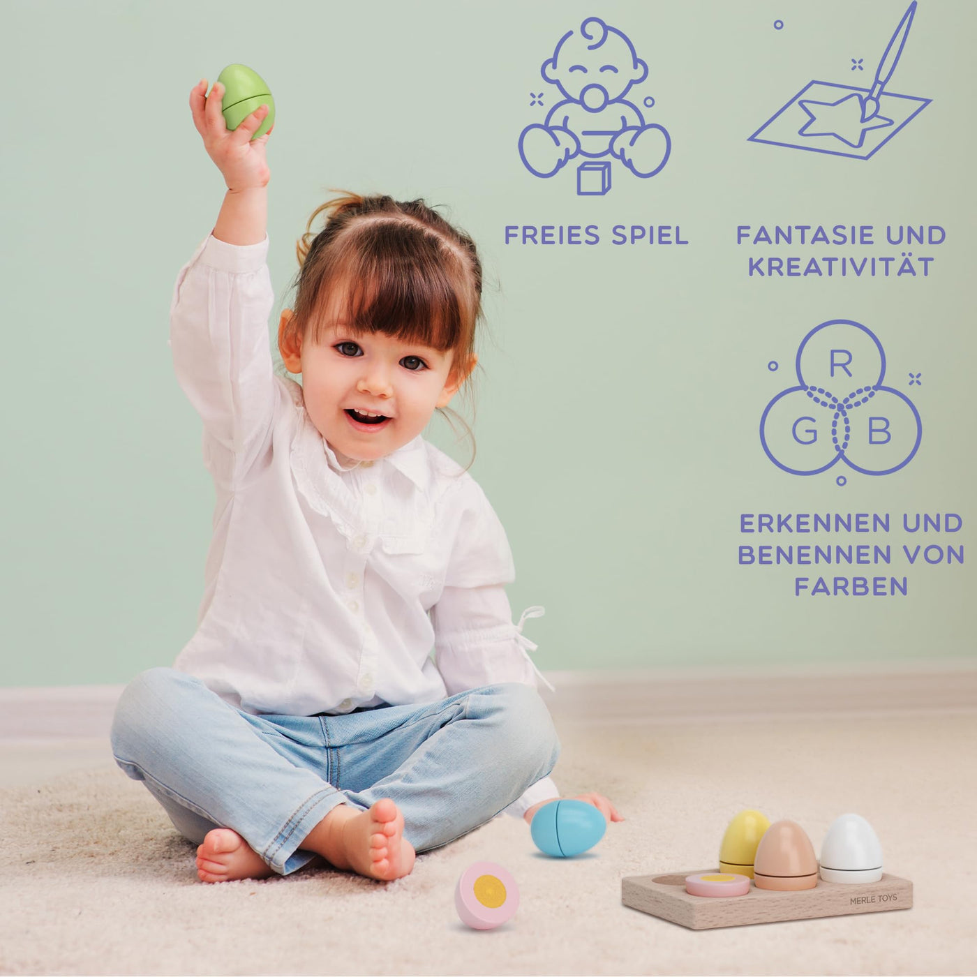 Children's kitchen accessories made of wood: 6 Colorful wooden eggs with Velcro fastener for children from 2 3 4 years, ideal for play kitchen, store & store, including wooden base