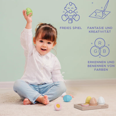 Children's kitchen accessories made of wood: 6 Colorful wooden eggs with Velcro fastener for children from 2 3 4 years, ideal for play kitchen, store & store, including wooden base