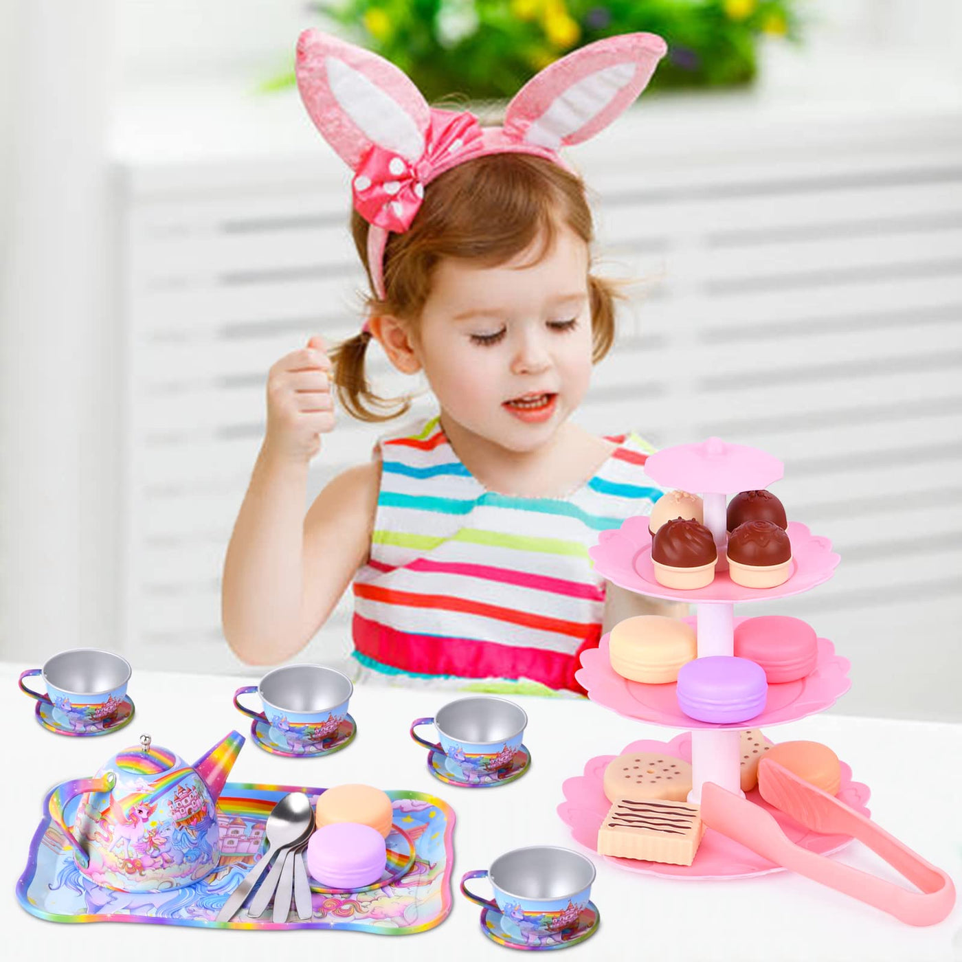 Tea set for little ones, unicorn castle pretend play tin teapot set, kids party set toy with teapot dishes & dessert