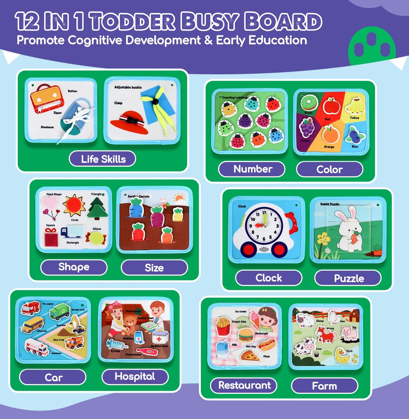 Tableau d'activité Castle Busy Board, 12 en 1 Livre d'activité silencieux Jouet pour enfants en bas âge Filles Garçons, Bébé Sensoriel, Jouet d'apprentissage Tableau d'activité motrice