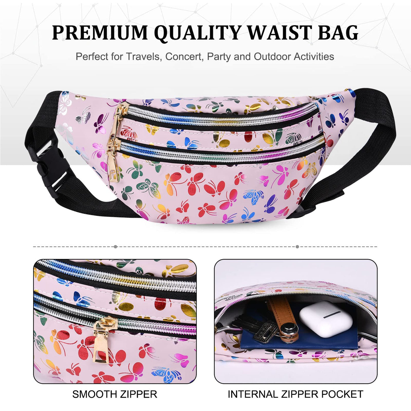 Belt Bag, Fanny Pack Fashion Waterproof, Fanny Pack Belt Bag Compartments with 3 Compartments, Adjustable Belt Waist Bag for Sports Travel Hiking