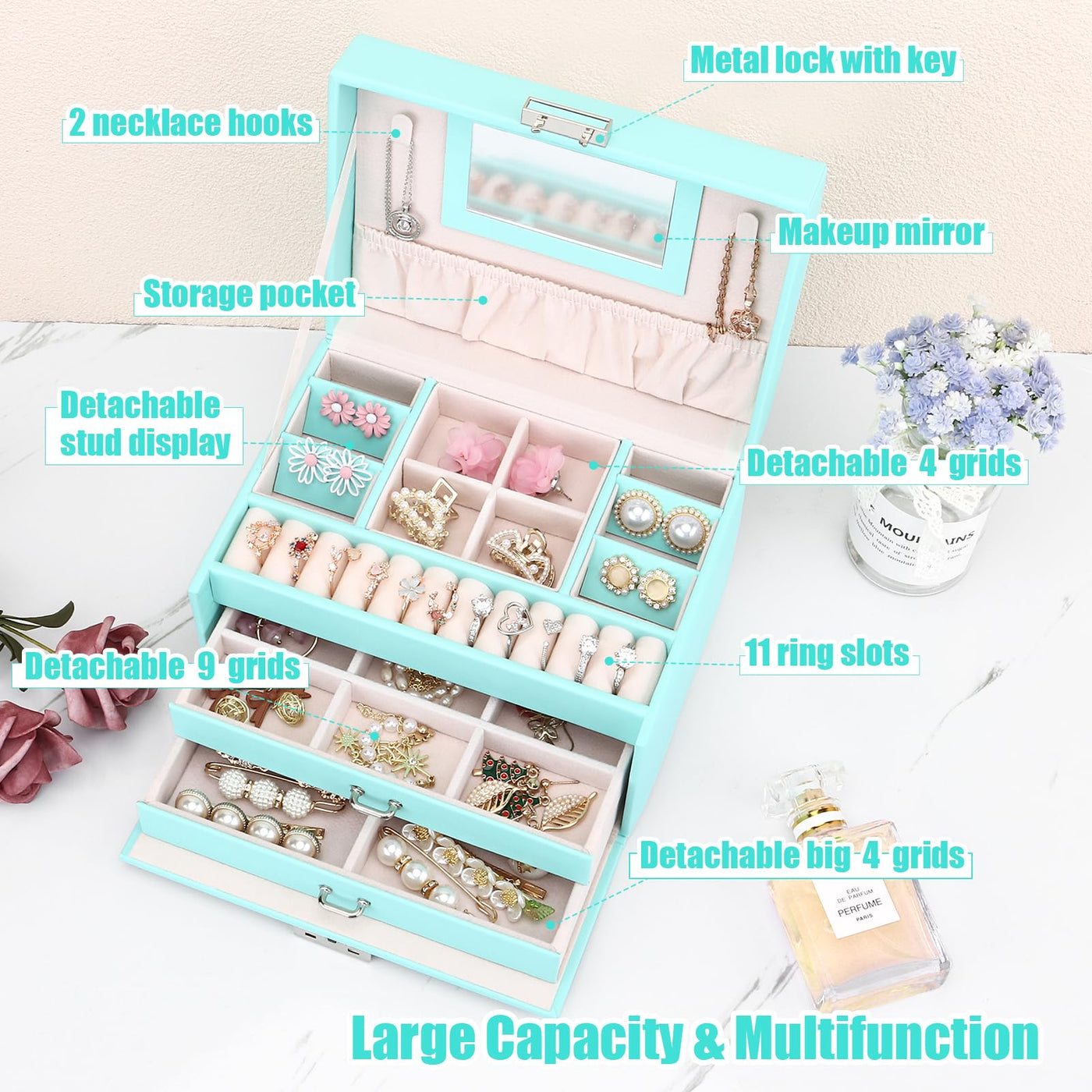 Jewelry box, jewelry box with drawers, PU leather jewelry box jewelry box large jewelry organizer for rings earrings bracelets necklaces