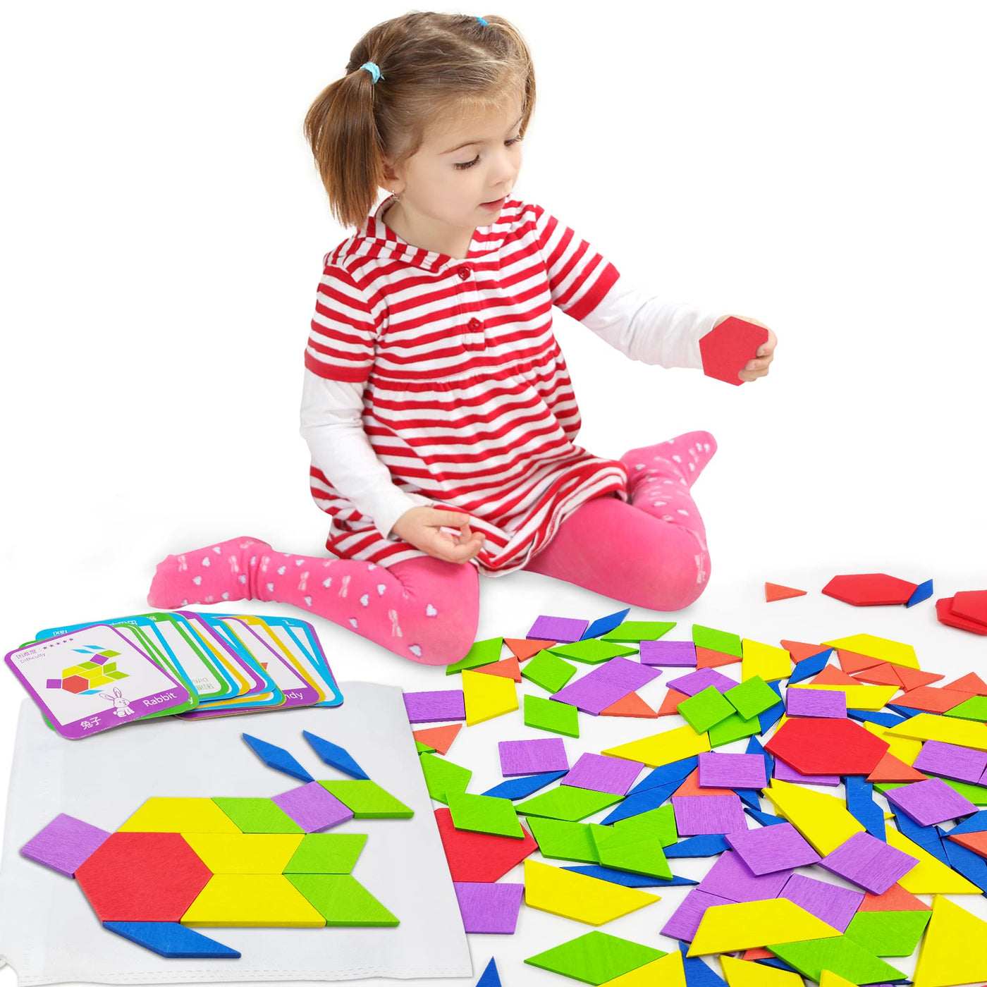 Kinder geometrische Formen Holzpuzzle, Stücke Bausteine Puzzle und 24 Design-Karten Geeignet