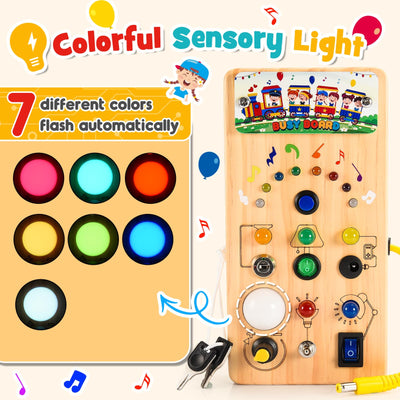 Dinosaur Busy Board, children's toy activity board motor skills toy with 7 switches 15 LED lights