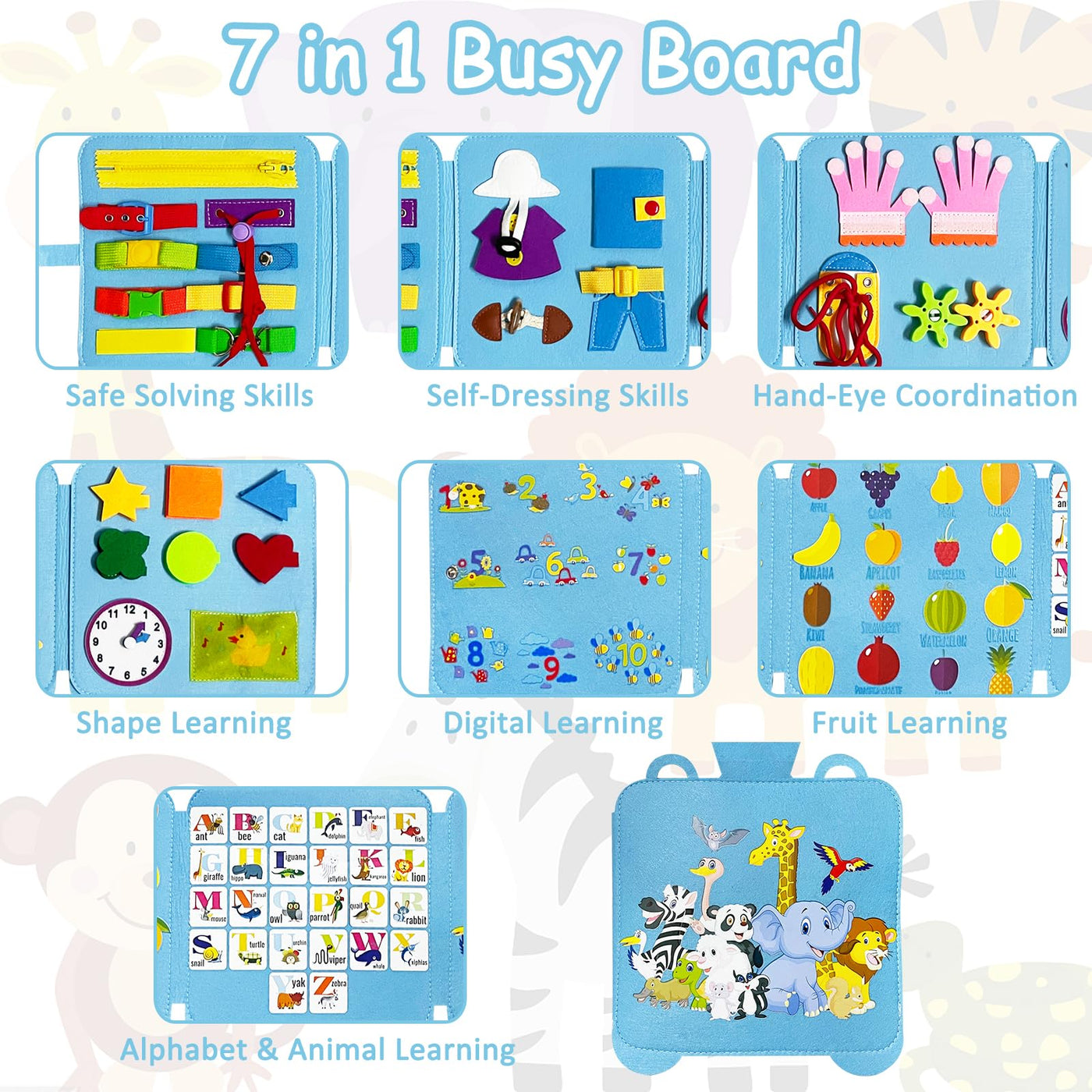 Busy Board 7 in 1 for toddlers, activity board baby sensory toy educational toy for boys, girls