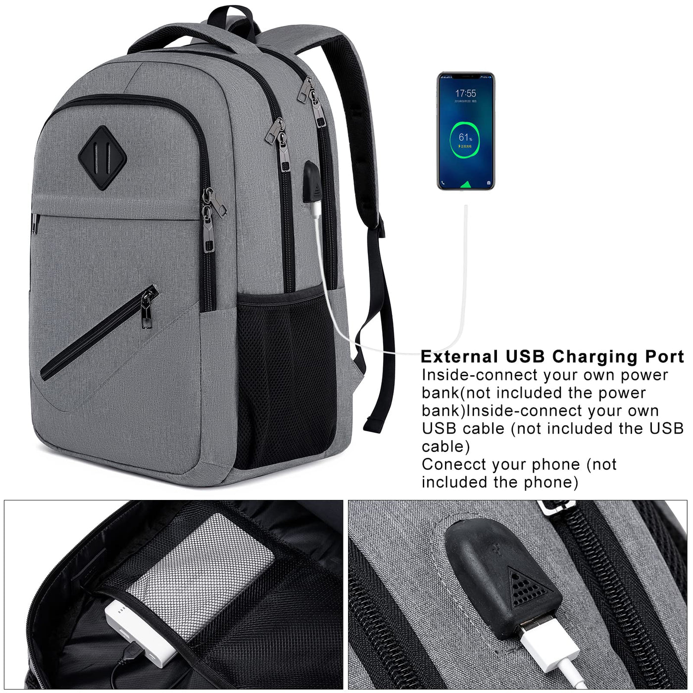 Sac à dos, sac à dos scolaire imperméable, sacoche pour ordinateur portable avec port de charge USB, sacoche de travail, de voyage et de camping avec pochette antivol