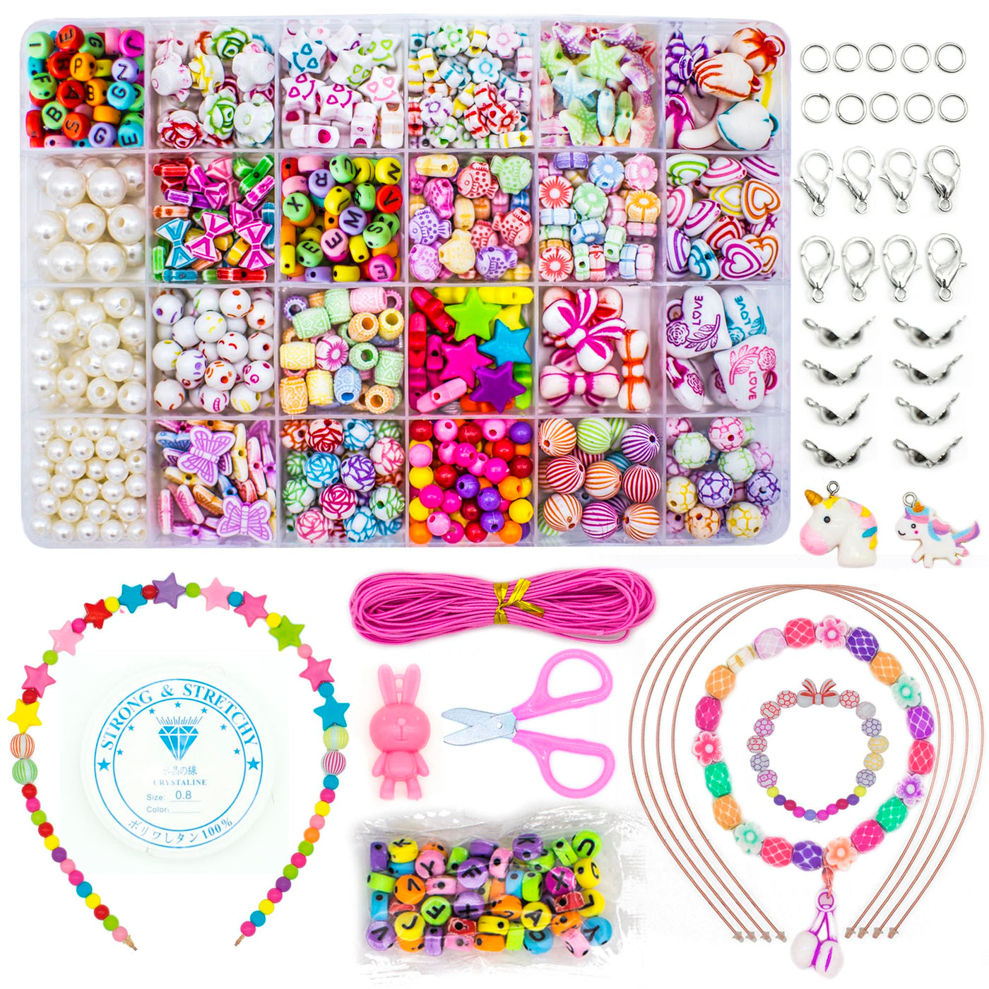 Beads for stringing kids jewelry stringing set, DIY friendship bracelets necklaces craft set for kids, 24 colors (beads for stringing)