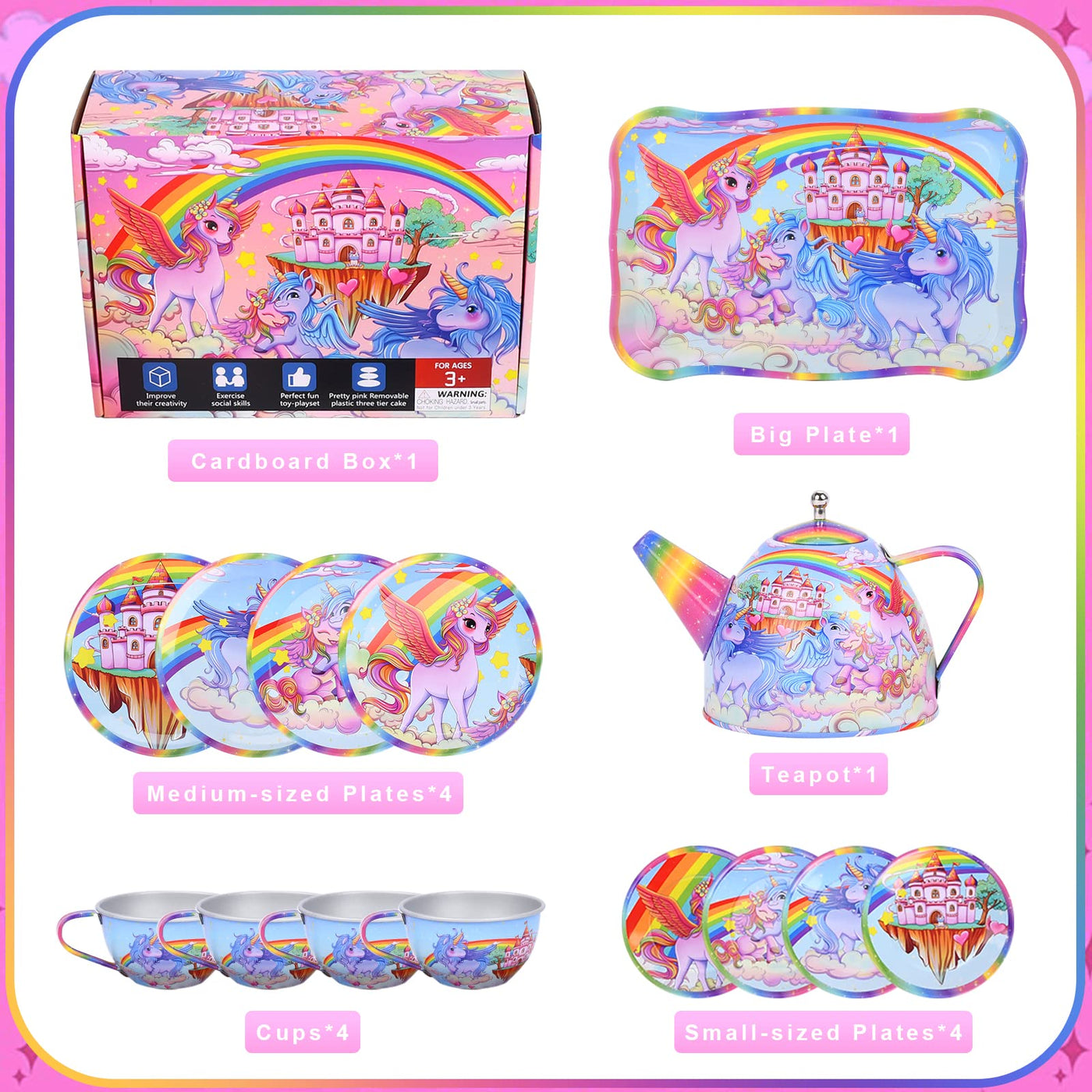 Tea set for little ones, unicorn castle pretend play tin teapot set, kids party set toy with teapot dishes & dessert